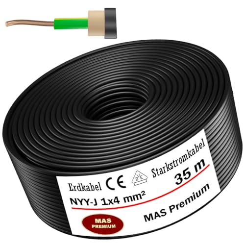 MAS Premium 5-100m Erdkabel Starkstromkabel NYY-J 1x4, 6, 10, 16 oder 25 Elektrokabel OFC Ring zur Verlegung im Freien, Erdreich (NYY-J 1x4 mm², 35m) von MAS Premium