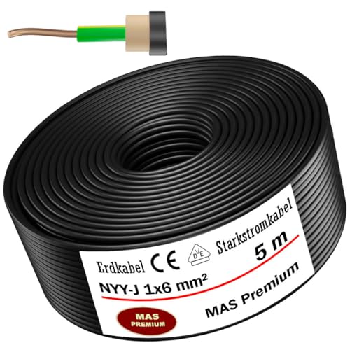 Von 5 bis 100m Erdkabel Starkstromkabel NYY-J 1x6 mm² Elektrokabel OFC Ring zur Verlegung im Freien, Erdreich (5m) von MAS Premium