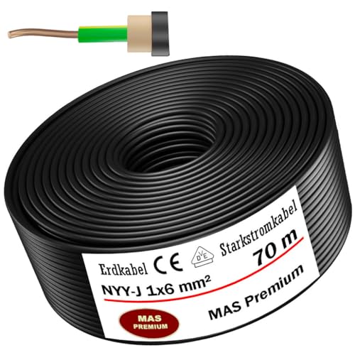 Von 5 bis 100m Erdkabel Starkstromkabel NYY-J 1x6 mm² Elektrokabel OFC Ring zur Verlegung im Freien, Erdreich (70m) von MAS Premium