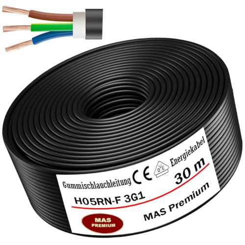 MAS Premium 5-100m Gummischlauchleitung Energiekabel Baustellenkabel H05RN-F 2x 0,75 mm², 2x 1 mm², 3G0,75 mm² oder 3G1 mm² Flexibel Leitung für schweren Geräten (H05RN-F 3G1 mm², 30m) von MAS Premium
