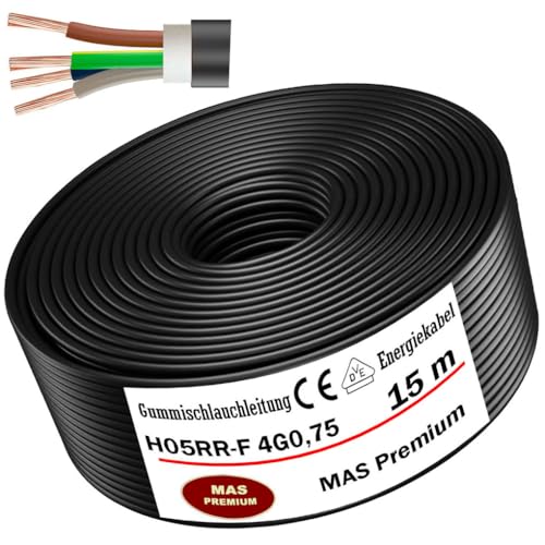 Von 5 bis 100m Gummischlauchleitung Energiekabel Baustellenkabel H05RR-F 4G 0,75 mm² Flexibel Leitung für Handgeräten und leichten Geräten (15m) von MAS Premium
