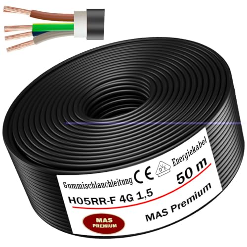 Von 5 bis 100m Gummischlauchleitung Energiekabel Baustellenkabel H05RR-F 4G 1,5 mm² Flexibel Leitung für Handgeräten und leichten Geräten (50m) von MAS Premium