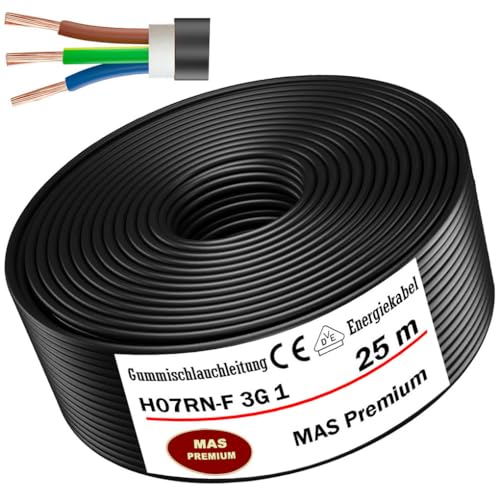MAS Premium 5-100m Gummischlauchleitung Energiekabel Baustellenkabel H07RN-F 3G 1, 3G 1,5, 3G 2,5, 3G 4, 3G 6, 3G 10 oder 3x 1,5 Flexibel Leitung für schweren Geräten (H07RN-F 3G1 mm², 25m) von MAS Premium
