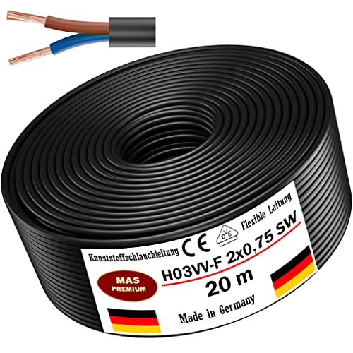 Von 5 bis 100m Kunststoffschlauchleitung H03VV-F 2X0,75 Schwarz Flexible Leitung Kabel Leitung Gerätekabel (20m) von MAS Premium