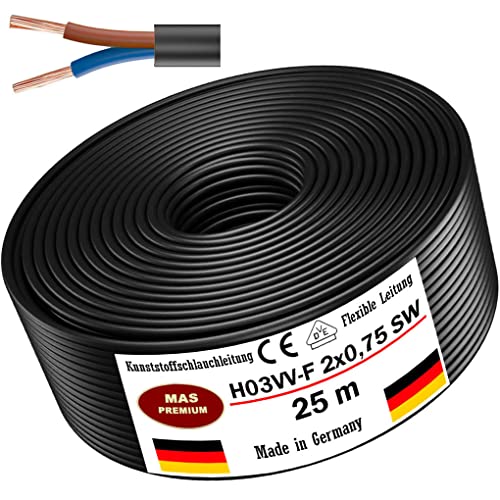 Von 5 bis 100m Kunststoffschlauchleitung H03VV-F 2X0,75 Schwarz Flexible Leitung Kabel Leitung Gerätekabel (25m) von MAS Premium