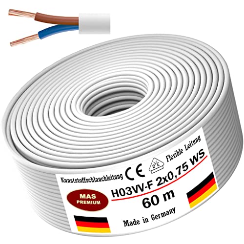 Von 5 bis 100m Kunststoffschlauchleitung H03VV-F 2X0,75 Weiß Flexible Leitung Kabel Leitung Gerätekabel (60m) von MAS Premium