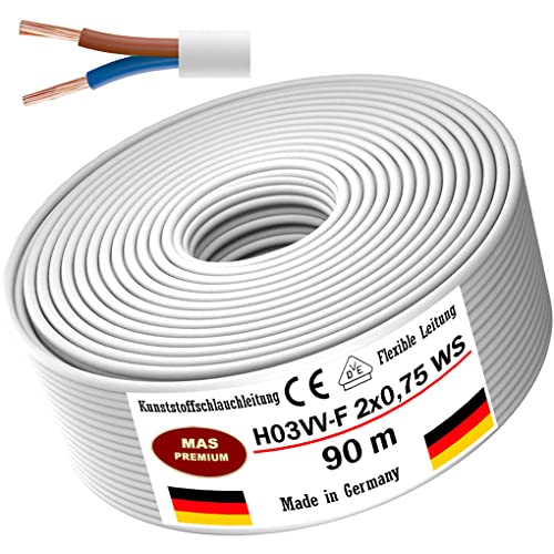 Von 5 bis 100m Kunststoffschlauchleitung H03VV-F 2x0,75 Weiß Flexible Leitung Kabel Leitung Gerätekabel (90m) von MAS Premium