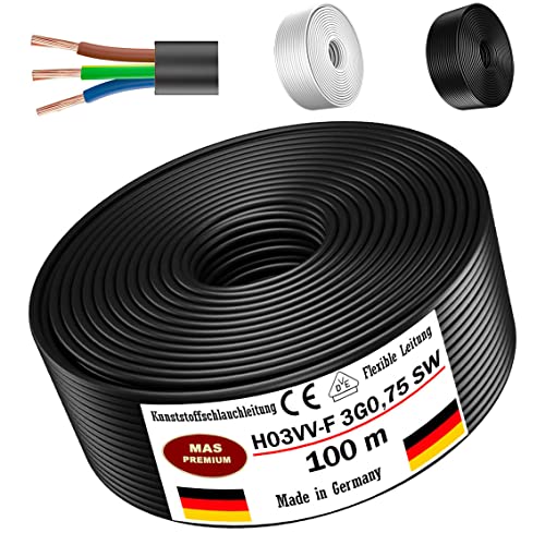 Von 5 bis 100m Kunststoffschlauchleitung H03VV-F 3G0,75 Schwarz oder Weiß Flexible Leitung Kabel Leitung Gerätekabel (Schwarz, 100m) von MAS Premium
