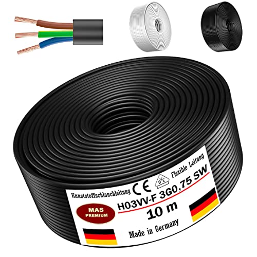 Von 5 bis 100m Kunststoffschlauchleitung H03VV-F 3G0,75 Schwarz oder Weiß Flexible Leitung Kabel Leitung Gerätekabel (Schwarz, 10m) von MAS Premium