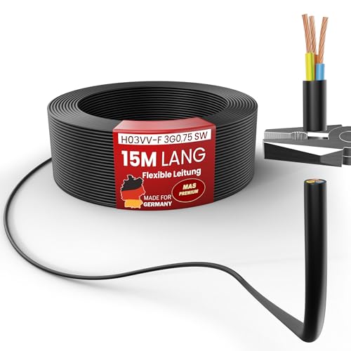MAS Premium Von 5 bis 100m Kunststoffschlauchleitung H03VV-F 3G0,75 Schwarz oder Weiß Flexible Leitung Kabel Leitung Gerätekabel (Schwarz, 15m) von MAS Premium
