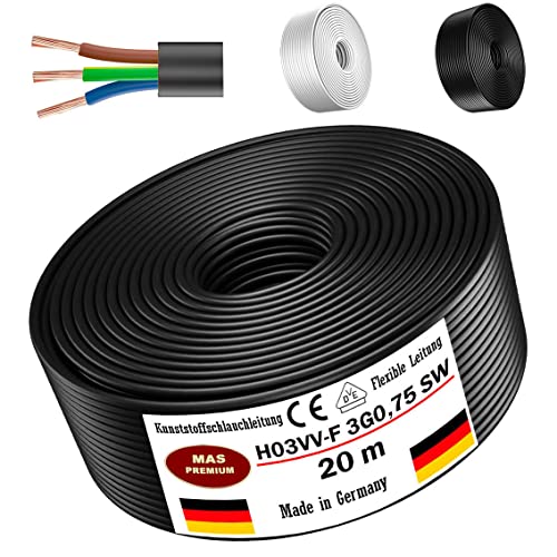 Von 5 bis 100m Kunststoffschlauchleitung H03VV-F 3G0,75 Schwarz oder Weiß Flexible Leitung Kabel Leitung Gerätekabel (Schwarz, 20m) von MAS Premium