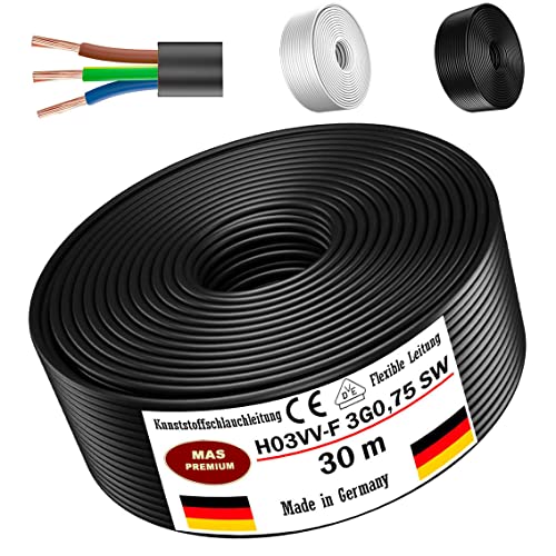 Von 5 bis 100m Kunststoffschlauchleitung H03VV-F 3G0,75 Schwarz oder Weiß Flexible Leitung Kabel Leitung Gerätekabel (Schwarz, 30m) von MAS Premium