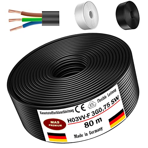 Von 5 bis 100m Kunststoffschlauchleitung H03VV-F 3G0,75 Schwarz oder Weiß Flexible Leitung Kabel Leitung Gerätekabel (Schwarz, 80m) von MAS Premium