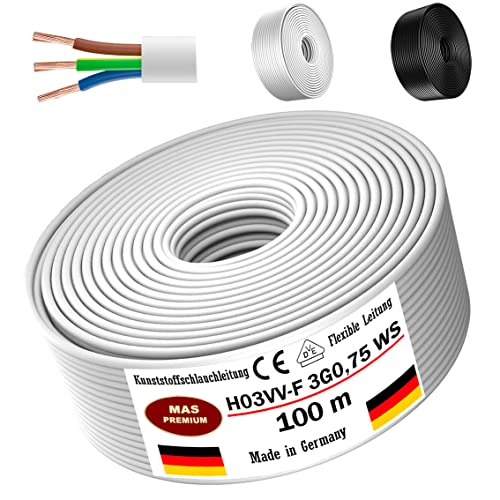 Von 5 bis 100m Kunststoffschlauchleitung H03VV-F 3G0,75 Schwarz oder Weiß Flexible Leitung Kabel Leitung Gerätekabel (Weiß, 100m) von MAS Premium