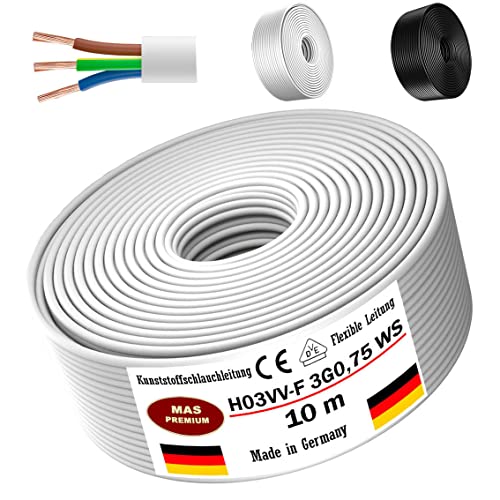 Von 5 bis 100m Kunststoffschlauchleitung H03VV-F 3G0,75 Schwarz oder Weiß Flexible Leitung Kabel Leitung Gerätekabel (Weiß, 10m) von MAS Premium