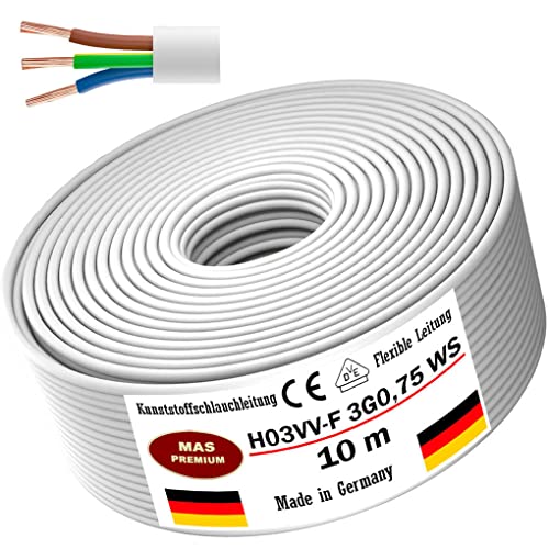 Von 5 bis 100m Kunststoffschlauchleitung H03VV-F 3G0,75 Weiß Flexible Leitung Kabel Leitung Gerätekabel (10m) von MAS Premium