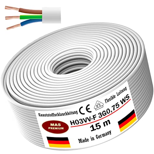 Von 5 bis 100m Kunststoffschlauchleitung H03VV-F 3G0,75 Weiß Flexible Leitung Kabel Leitung Gerätekabel (15m) von MAS Premium