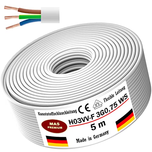 Von 5 bis 100m Kunststoffschlauchleitung H03VV-F 3G0,75 Weiß Flexible Leitung Kabel Leitung Gerätekabel (5m) von MAS Premium