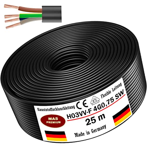 Von 5 bis 100m Kunststoffschlauchleitung H03VV-F 4G0,75 Schwarz Flexible Leitung Kabel Leitung Gerätekabel (25m) von MAS Premium