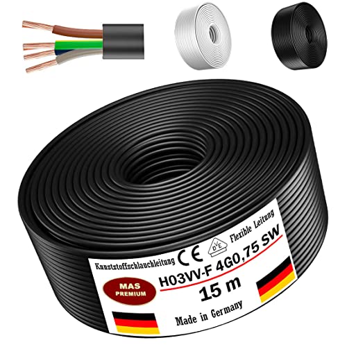 Von 5 bis 100m Kunststoffschlauchleitung H03VV-F 4G0,75 Schwarz oder Weiß Flexible Leitung Kabel Leitung Gerätekabel (Schwarz, 15m) von MAS Premium