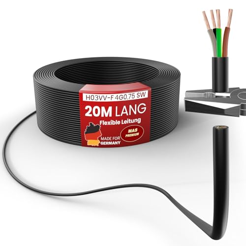 MAS Premium Von 5 bis 100m Kunststoffschlauchleitung H03VV-F 4G0,75 Schwarz oder Weiß Flexible Leitung Kabel Leitung Gerätekabel (Schwarz, 20m) von MAS Premium