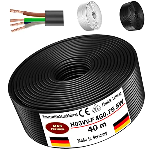 Von 5 bis 100m Kunststoffschlauchleitung H03VV-F 4G0,75 Schwarz oder Weiß Flexible Leitung Kabel Leitung Gerätekabel (Schwarz, 40m) von MAS Premium