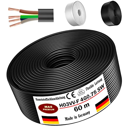 Von 5 bis 100m Kunststoffschlauchleitung H03VV-F 4G0,75 Schwarz oder Weiß Flexible Leitung Kabel Leitung Gerätekabel (Schwarz, 60m) von MAS Premium