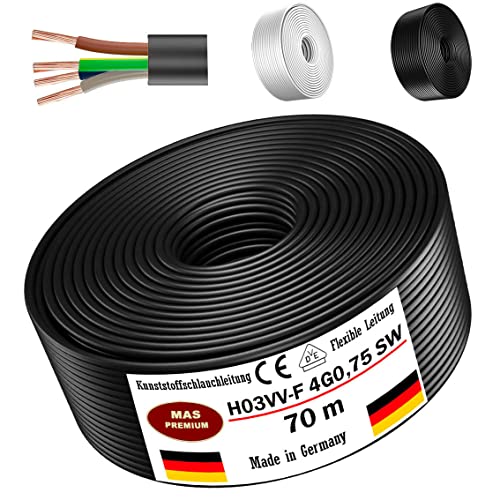 Von 5 bis 100m Kunststoffschlauchleitung H03VV-F 4G0,75 Schwarz oder Weiß Flexible Leitung Kabel Leitung Gerätekabel (Schwarz, 70m) von MAS Premium