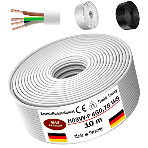 Von 5 bis 100m Kunststoffschlauchleitung H03VV-F 4G0,75 Schwarz oder Weiß Flexible Leitung Kabel Leitung Gerätekabel (Weiß, 10m) von MAS Premium