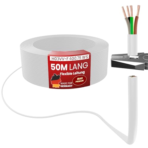 MAS Premium Von 5 bis 100m Kunststoffschlauchleitung H03VV-F 4G0,75 Schwarz oder Weiß Flexible Leitung Kabel Leitung Gerätekabel (Weiß, 50m) von MAS Premium