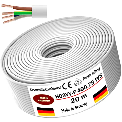 Von 5 bis 100m Kunststoffschlauchleitung H03VV-F 4G0,75 Weiß Flexible Leitung Kabel Leitung Gerätekabel (20m) von MAS Premium