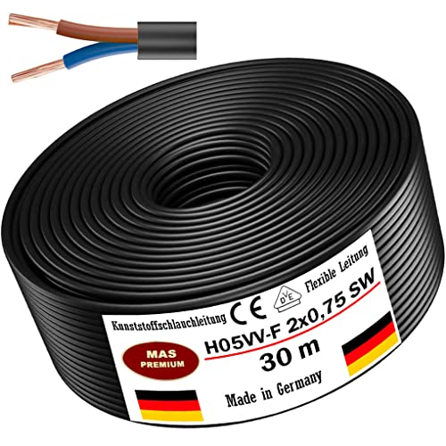 Von 5 bis 100m Kunststoffschlauchleitung H05VV-F 2x0,75; 2x1; 2x1,5 oder 2x2,5 Schwarz Flexible Leitung Kabel Leitung Gerätekabel (H05VV-F 2x0,75 SW, 30m) von MAS Premium