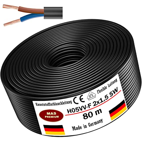 Von 5 bis 100m Kunststoffschlauchleitung H05VV-F 2x0,75; 2x1; 2x1,5 oder 2x2,5 Schwarz Flexible Leitung Kabel Leitung Gerätekabel (H05VV-F 2x1,5 SW, 80m) von MAS Premium