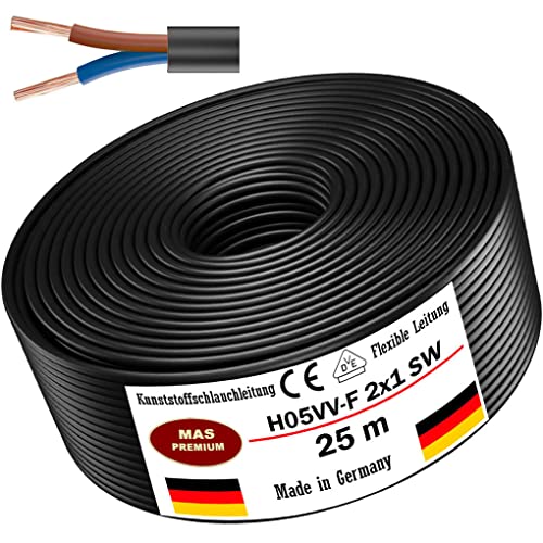 Von 5 bis 100m Kunststoffschlauchleitung H05VV-F 2x0,75; 2x1; 2x1,5 oder 2x2,5 Schwarz Flexible Leitung Kabel Leitung Gerätekabel (H05VV-F 2x1 SW, 25m) von MAS Premium