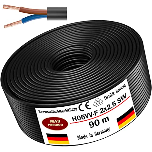 Von 5 bis 100m Kunststoffschlauchleitung H05VV-F 2x0,75; 2x1; 2x1,5 oder 2x2,5 Schwarz Flexible Leitung Kabel Leitung Gerätekabel (H05VV-F 2x2,5 SW, 90m) von MAS Premium