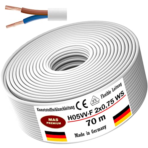 Von 5 bis 100m Kunststoffschlauchleitung H05VV-F 2x0,75; 2x1; 2x1,5 oder 2x2,5 Weiß Flexible Leitung Kabel Leitung Gerätekabel (H05VV-F 2x0,75 WS, 70m) von MAS Premium