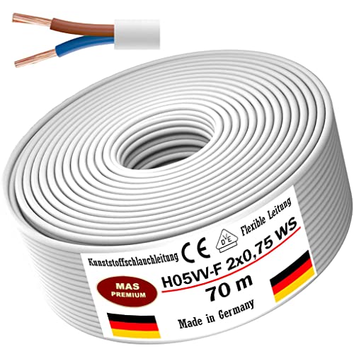 MAS Premium Von 5 bis 100m Kunststoffschlauchleitung H05VV-F 2, 3 oder 5 x0,75; x1; x1,5 oder x2,5 und 4G0,75 Flexible Leitung Kabel Leitung Gerätekabel (H05VV-F 2x0,75 WS, 70m) von MAS Premium