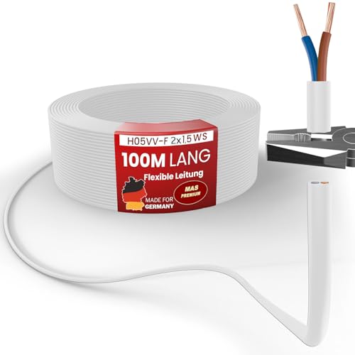 MAS Premium Von 5 bis 100m Kunststoffschlauchleitung H05VV-F 2, 3 oder 5 x0,75; x1; x1,5 oder x2,5 und 4G0,75 Flexible Leitung Kabel Leitung Gerätekabel (H05VV-F 2x1,5 WS, 100m) von MAS Premium