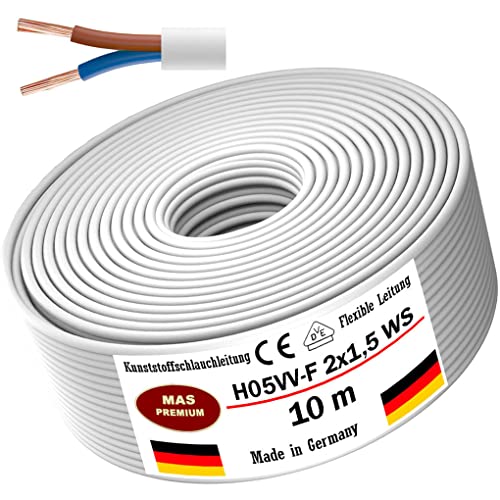 Von 5 bis 100m Kunststoffschlauchleitung H05VV-F 2x0,75; 2x1; 2x1,5 oder 2x2,5 Weiß Flexible Leitung Kabel Leitung Gerätekabel (H05VV-F 2x1,5 WS, 10m) von MAS Premium