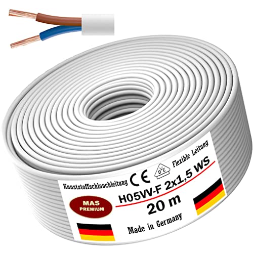 Von 5 bis 100m Kunststoffschlauchleitung H05VV-F 2x0,75; 2x1; 2x1,5 oder 2x2,5 Weiß Flexible Leitung Kabel Leitung Gerätekabel (H05VV-F 2x1,5 WS, 20m) von MAS Premium