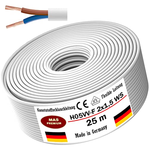 Von 5 bis 100m Kunststoffschlauchleitung H05VV-F 2x0,75; 2x1; 2x1,5 oder 2x2,5 Weiß Flexible Leitung Kabel Leitung Gerätekabel (H05VV-F 2x1,5 WS, 25m) von MAS Premium