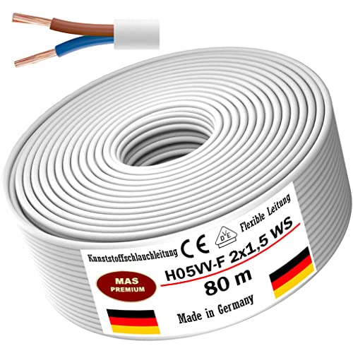 Von 5 bis 100m Kunststoffschlauchleitung H05VV-F 2x0,75; 2x1; 2x1,5 oder 2x2,5 Weiß Flexible Leitung Kabel Leitung Gerätekabel (H05VV-F 2x1,5 WS, 80m) von MAS Premium