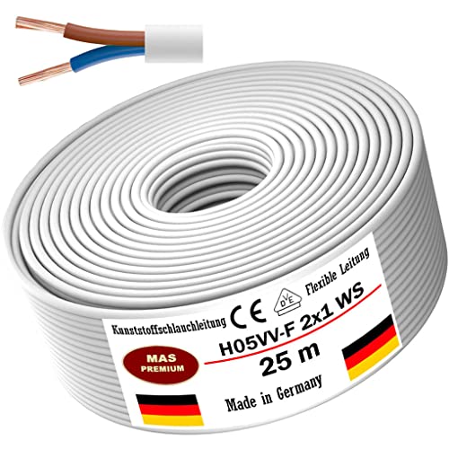 Von 5 bis 100m Kunststoffschlauchleitung H05VV-F 2x0,75; 2x1; 2x1,5 oder 2x2,5 Weiß Flexible Leitung Kabel Leitung Gerätekabel (H05VV-F 2x1 WS, 25m) von MAS Premium