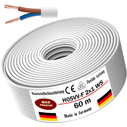 Von 5 bis 100m Kunststoffschlauchleitung H05VV-F 2x0,75; 2x1; 2x1,5 oder 2x2,5 Weiß Flexible Leitung Kabel Leitung Gerätekabel (H05VV-F 2x1 WS, 60m) von MAS Premium