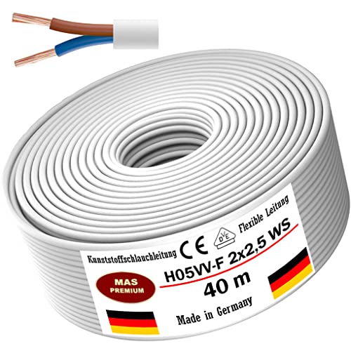 MAS Premium Von 5 bis 100m Kunststoffschlauchleitung H05VV-F 2, 3 oder 5 x0,75; x1; x1,5 oder x2,5 und 4G0,75 Flexible Leitung Kabel Leitung Gerätekabel (H05VV-F 2x2,5 WS, 40m) von MAS Premium