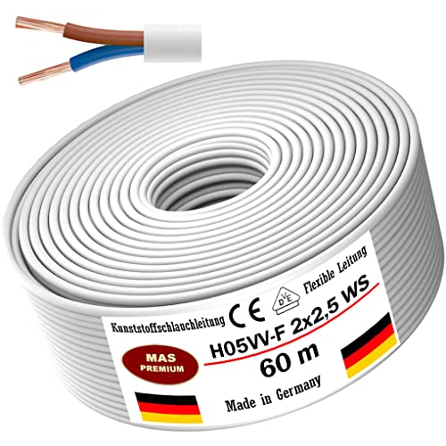 Von 5 bis 100m Kunststoffschlauchleitung H05VV-F 2x0,75; 2x1; 2x1,5 oder 2x2,5 Weiß Flexible Leitung Kabel Leitung Gerätekabel (H05VV-F 2x2,5 WS, 60m) von MAS Premium