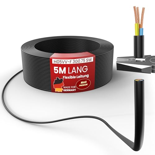MAS Premium Von 5 bis 100m Kunststoffschlauchleitung H05VV-F 2, 3 oder 5 x0,75; x1; x1,5 oder x2,5 und 4G0,75 Flexible Leitung Kabel Leitung Gerätekabel (H05VV-F 3G0,75 SW, 5m) von MAS Premium