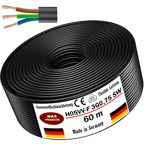 MAS Premium Von 5 bis 100m Kunststoffschlauchleitung H05VV-F 2, 3 oder 5 x0,75; x1; x1,5 oder x2,5 und 4G0,75 Flexible Leitung Kabel Leitung Gerätekabel (H05VV-F 3G0,75 SW, 60m) von MAS Premium