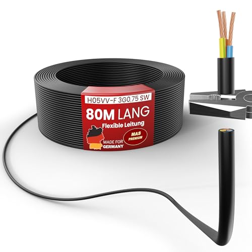 MAS Premium Von 5 bis 100m Kunststoffschlauchleitung H05VV-F 2, 3 oder 5 x0,75; x1; x1,5 oder x2,5 und 4G0,75 Flexible Leitung Kabel Leitung Gerätekabel (H05VV-F 3G0,75 SW, 80m) von MAS Premium