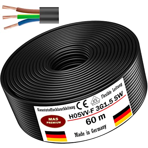 Von 5 bis 100m Kunststoffschlauchleitung H05VV-F 3G0,75; 3G1; 3G1,5 oder 3G2,5 Schwarz Flexible Leitung Kabel Leitung Gerätekabel (H05VV-F 3G1,5 SW, 60m) von MAS Premium